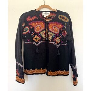 Vintage Artelana 100% Alpaca Embroidered Cardigan Sweater Black Orange S